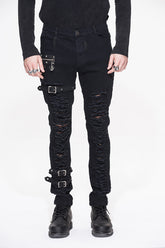 Schwarze Metallic Punk Broken Holes mit Schlaufen Herrenhose